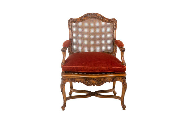 Pair of Regence style armchairs in beech and cane, twentieth century