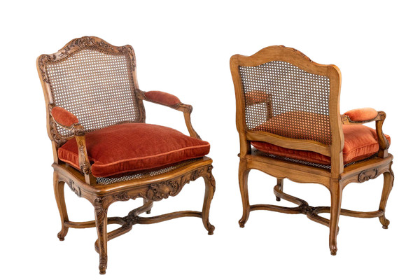 Pair of Regence style armchairs in beech and cane, twentieth century