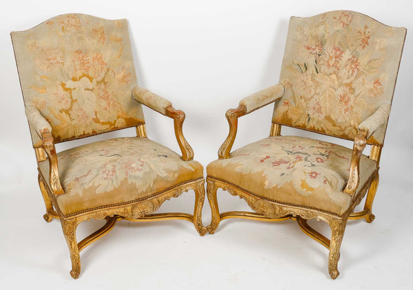 Pair of Regency-style armchairs in gilded wood, late 19th century