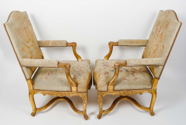 Pair of Regency-style armchairs in gilded wood, late 19th century