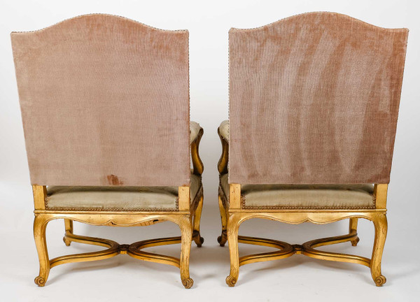 Pair of Regency-style armchairs in gilded wood, late 19th century