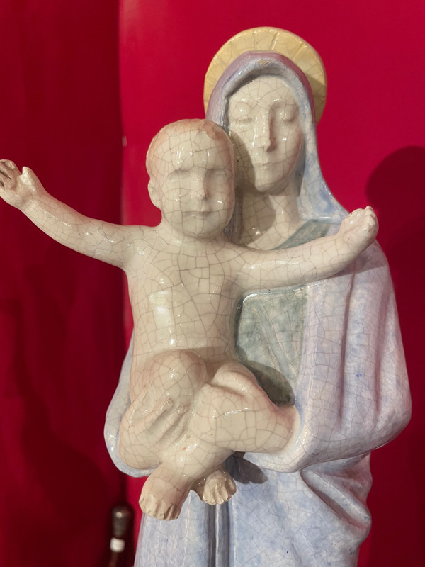 Vierge à L’enfant En Faïence Polychrome Par Fernand Guignier Vers 1950
