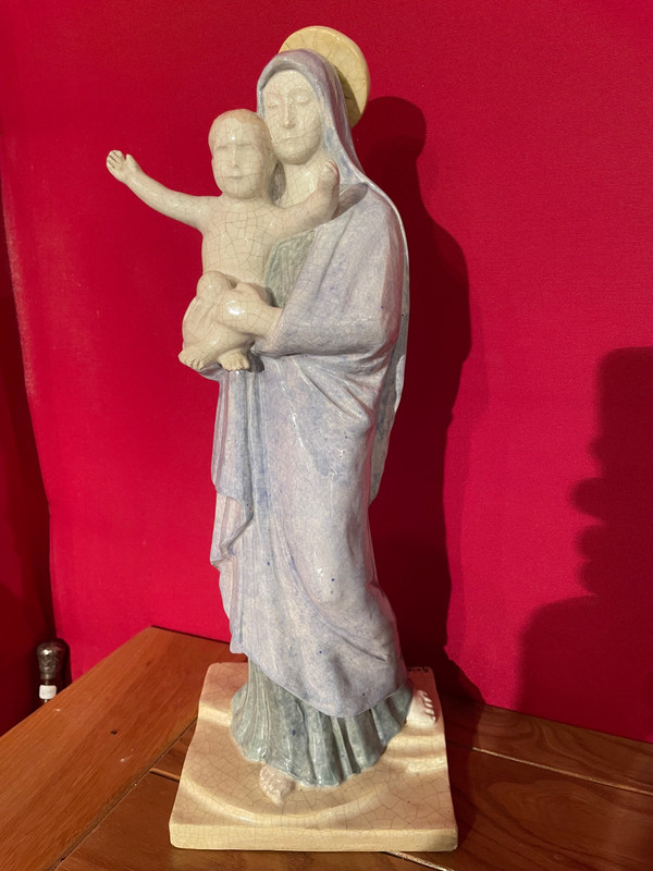 Vierge à L’enfant En Faïence Polychrome Par Fernand Guignier Vers 1950