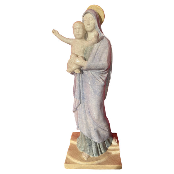 Vierge à L’enfant En Faïence Polychrome Par Fernand Guignier Vers 1950