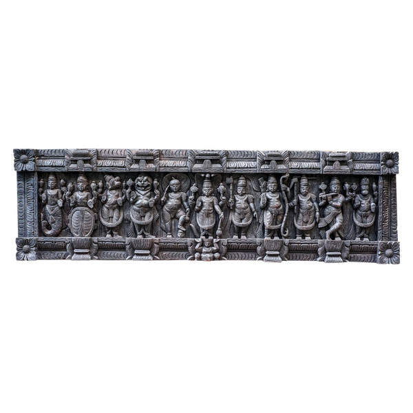 DIX AVATARS DU DIEU VISHNU, important panneau bois, Inde