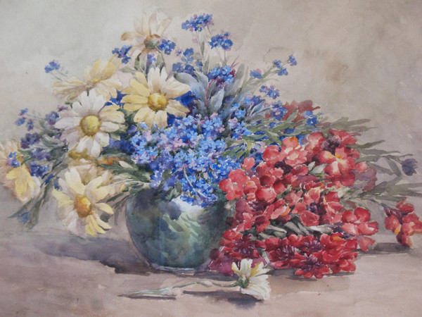 Aquarelle bouquet de fleurs dans un vase signée de M. Lejour époque 19ème d : 71 x 57 cm 