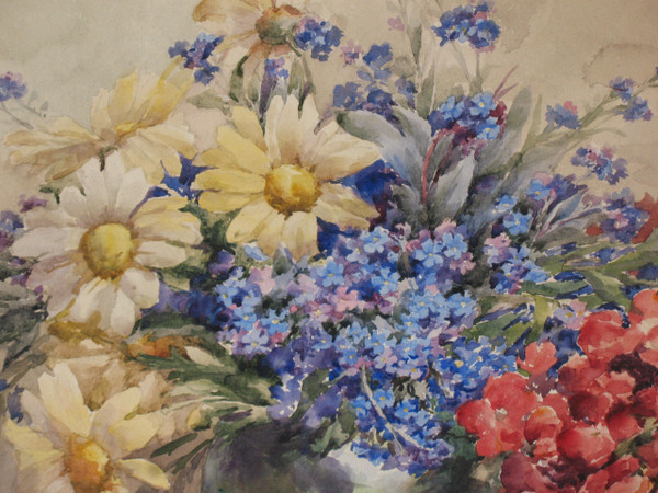 Aquarelle bouquet de fleurs dans un vase signée de M. Lejour époque 19ème d : 71 x 57 cm 