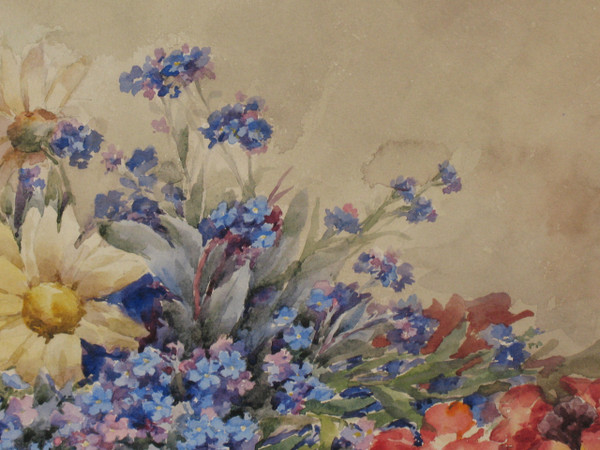 Aquarelle bouquet de fleurs dans un vase signée de M. Lejour époque 19ème d : 71 x 57 cm 