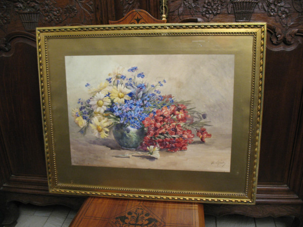 Aquarelle bouquet de fleurs dans un vase signée de M. Lejour époque 19ème d : 71 x 57 cm 