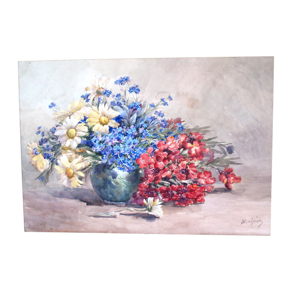 Mazzo di fiori in vaso acquerellato firmato da M. Lejour XIX secolo d : 71 x 57 cm