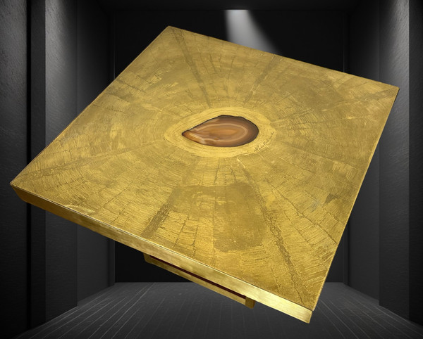 VINTAGE COFFEE TABLE BY PACO RABANE FROM THE 70S IN ENGRAVED BRASS AND AGATE