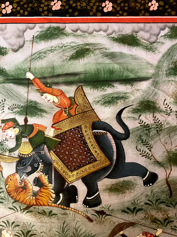 zwei indische Miniaturen "Die Tigerjagd" starke Seidenmalerei dekorativ gerahmt
