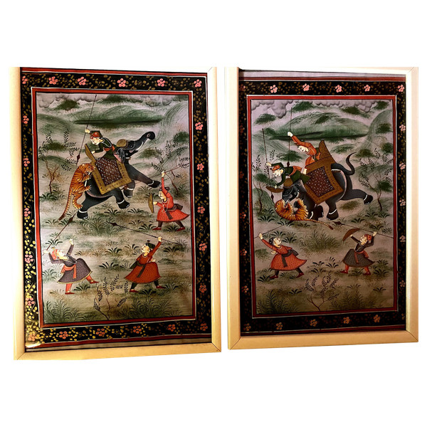 pair of Indian miniature "The Tiger Hunt" paintings on silk, highly decorative, framed