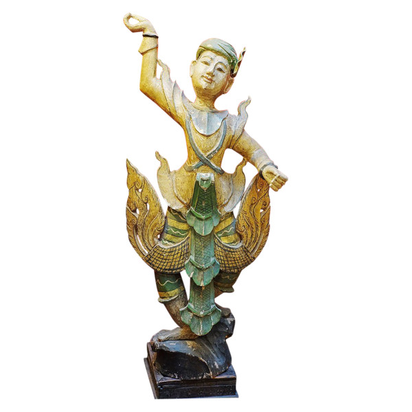 Grande sculpture, danseur bois polychrome, Birmanie