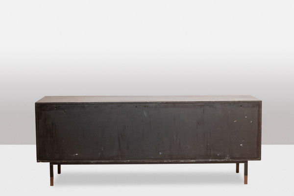 Sideboard in wenge, raffia and lacquered metal. 1970s.