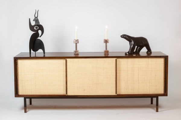 Sideboard in wenge, raffia and lacquered metal. 1970s.