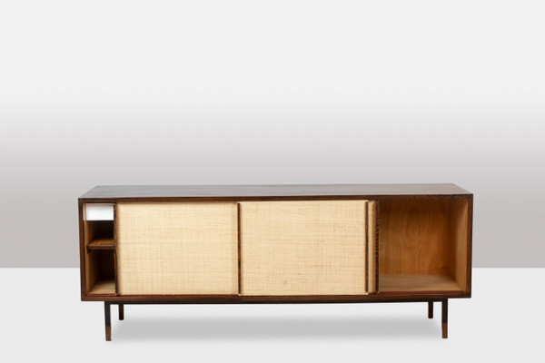 Sideboard in wenge, raffia and lacquered metal. 1970s.