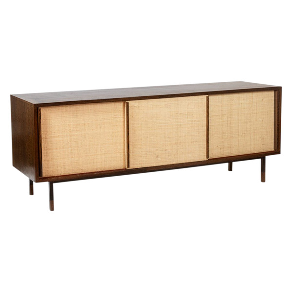 Sideboard in wenge, raffia and lacquered metal. 1970s.