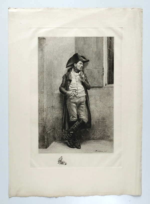Etching After Meissonier Militaria Engraving Soldier Of The Empire Smoker Old Print 20th C