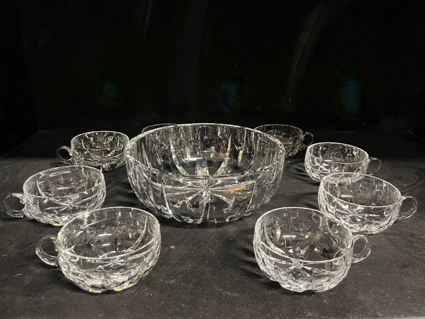 Saint Louis - Signed Engraved Crystal Punch Set Salad Bowl + 8 Cups