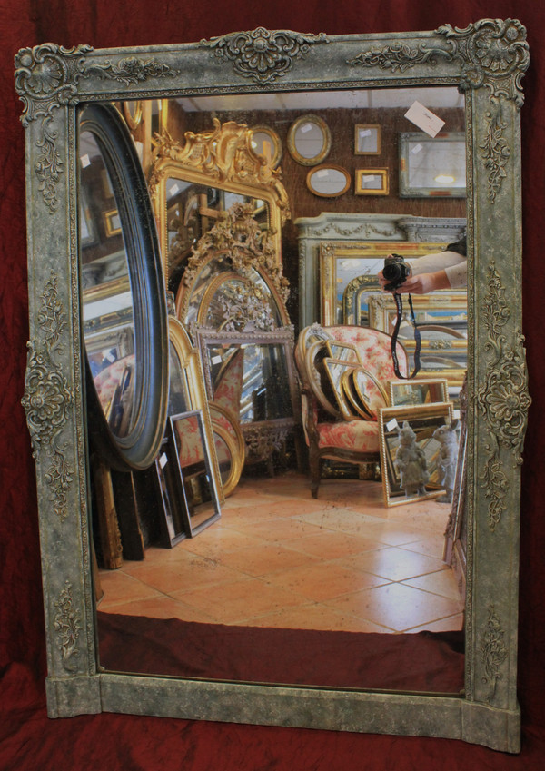 Miroir De Cheminée Ancien à décors floraux, patine, glace mercure, 100 x 140 cm