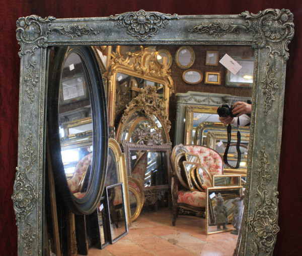 Miroir De Cheminée Ancien à décors floraux, patine, glace mercure, 100 x 140 cm