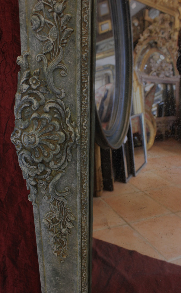 Miroir De Cheminée Ancien à décors floraux, patine, glace mercure, 100 x 140 cm