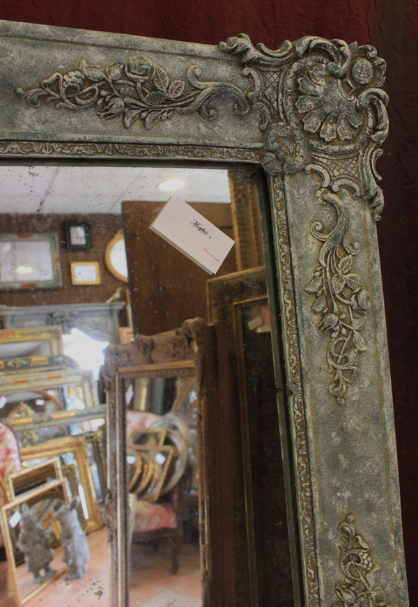 Miroir De Cheminée Ancien à décors floraux, patine, glace mercure, 100 x 140 cm