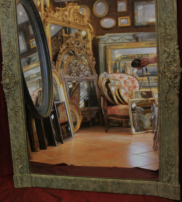 Miroir De Cheminée Ancien à décors floraux, patine, glace mercure, 100 x 140 cm