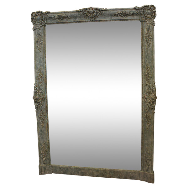 Miroir De Cheminée Ancien à décors floraux, patine, glace mercure, 100 x 140 cm