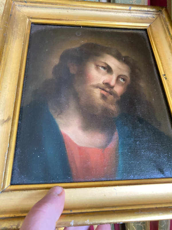 Bellissimo ritratto di Cristo con bellissimo sguardo, delicato dipinto olio su tela del periodo Luigi Filippo