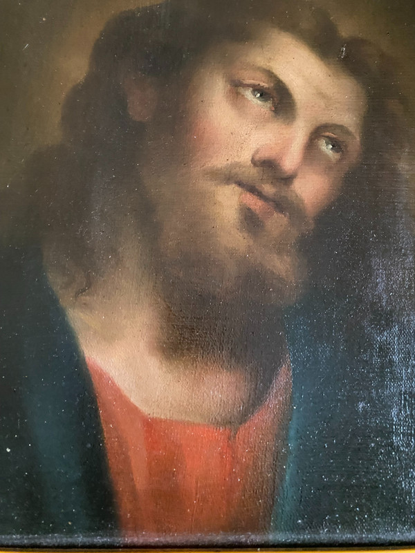 Bellissimo ritratto di Cristo con bellissimo sguardo, delicato dipinto olio su tela del periodo Luigi Filippo