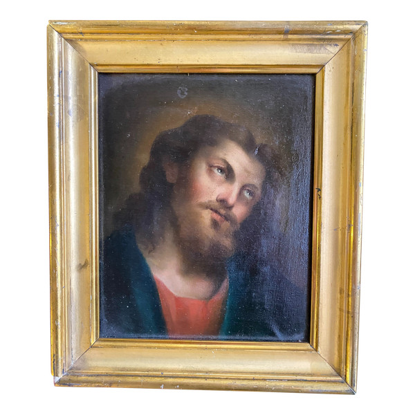 Bellissimo ritratto di Cristo con bellissimo sguardo, delicato dipinto olio su tela del periodo Luigi Filippo
