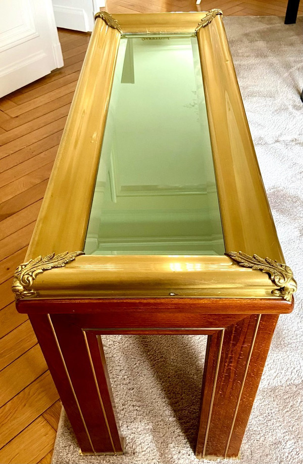Portugal, Années 1970, Console En Bois Et Laiton Présentant Un Plateau Miroir à Biseaux. 