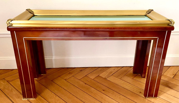 Portugal, Années 1970, Console En Bois Et Laiton Présentant Un Plateau Miroir à Biseaux. 