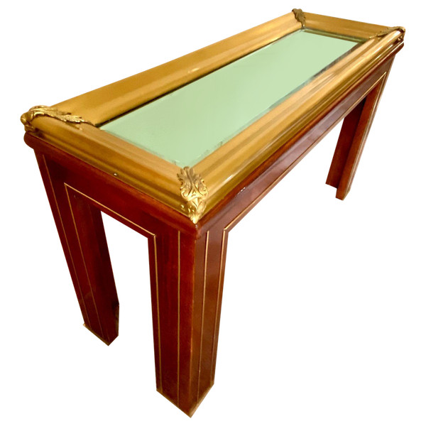 Portugal, Années 1970, Console En Bois Et Laiton Présentant Un Plateau Miroir à Biseaux. 