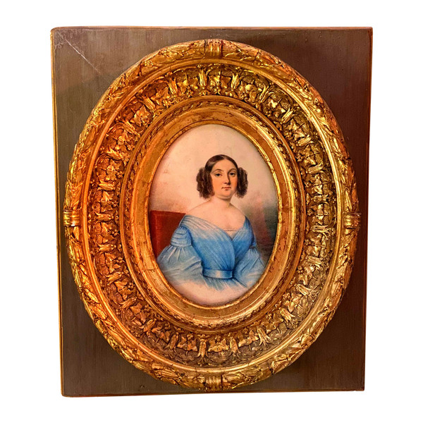 Portrait aru pastel d'une Dame de qualité d'Epoque louis Philippe dans un beau cadre de boiserie