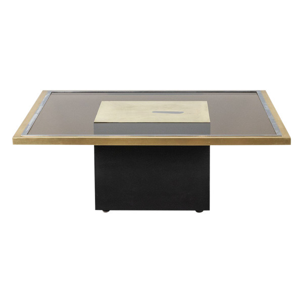 Table basse en laiton doré et verre fumé. Années 1970.