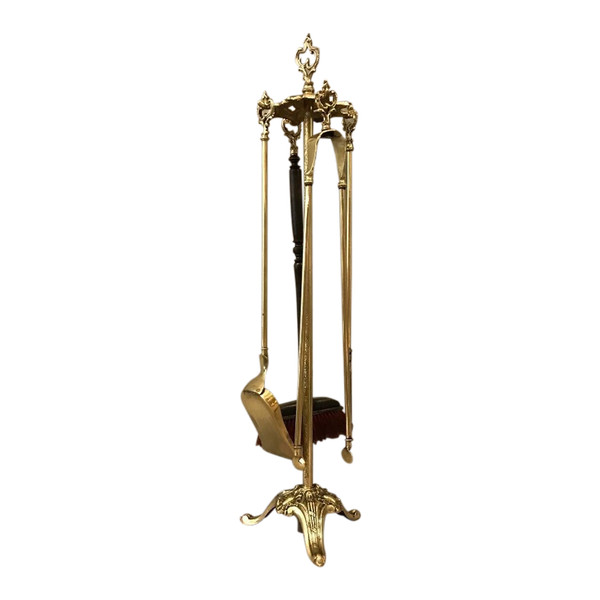 19th century brass and bronze fireplace set with 4 pieces