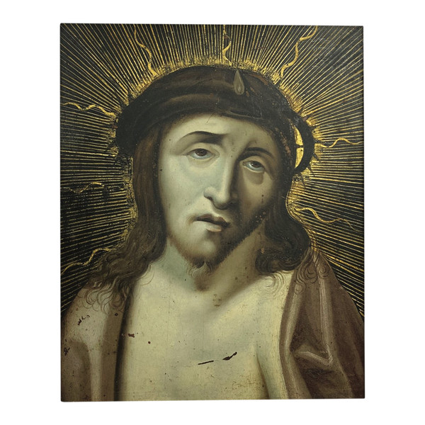 École ITALIENNE du XIXème siècle, dans le goût du Corrège -Portrait du Christ à la couronne d'épine 