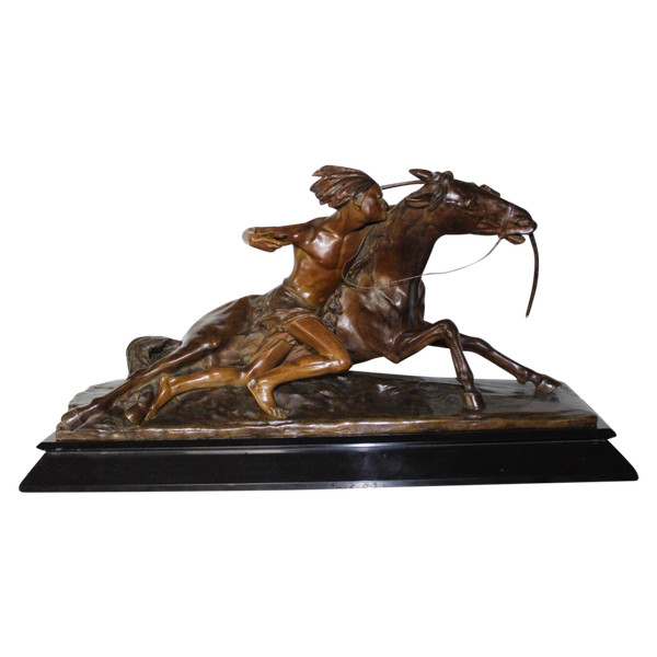 Bronze Par Edouard Drouot Indien En Embuscade Devant Son Cheval