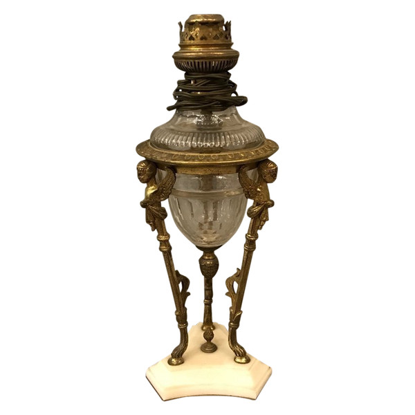 belle lampe à pétrole d'époque 19 ème en bronze et cristal 