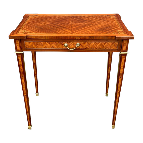 SMALL ANTIQUE LOUIS XVI MARQUETRY BUREAU OPENING WITH ONE DRAWER