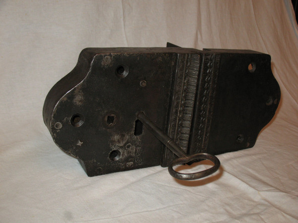 Wrought iron fortified house lock with key 18th century total length: 41 cm