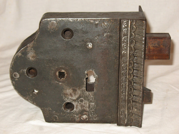 Wrought iron fortified house lock with key 18th century total length: 41 cm