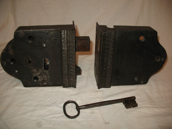 Wrought iron fortified house lock with key 18th century total length: 41 cm