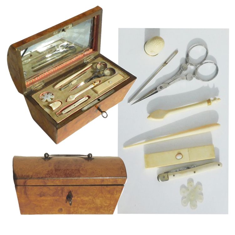 Box Sewing Kit 19th Century Restoration Scissors Steel Tools Bone Ivory