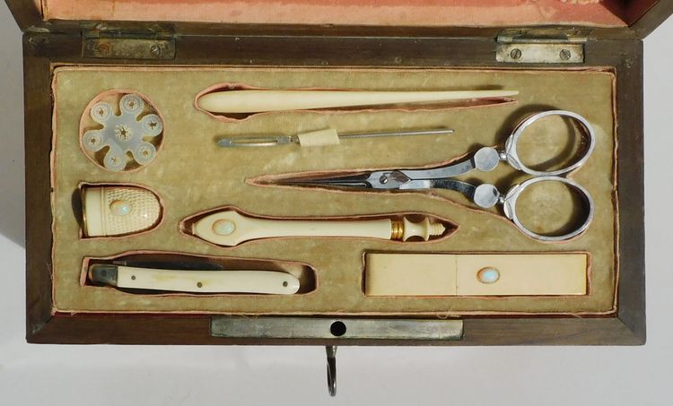 Box Sewing Kit 19th Century Restoration Scissors Steel Tools Bone Ivory