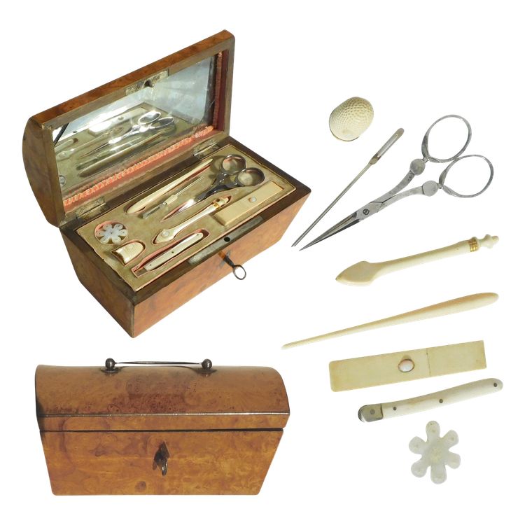 Box Sewing Kit 19th Century Restoration Scissors Steel Tools Bone Ivory