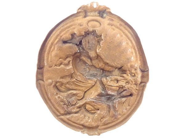 Brass Plaque or Medallion "Saint Catherine Alexandria" with Crown and Sceptre 17th century